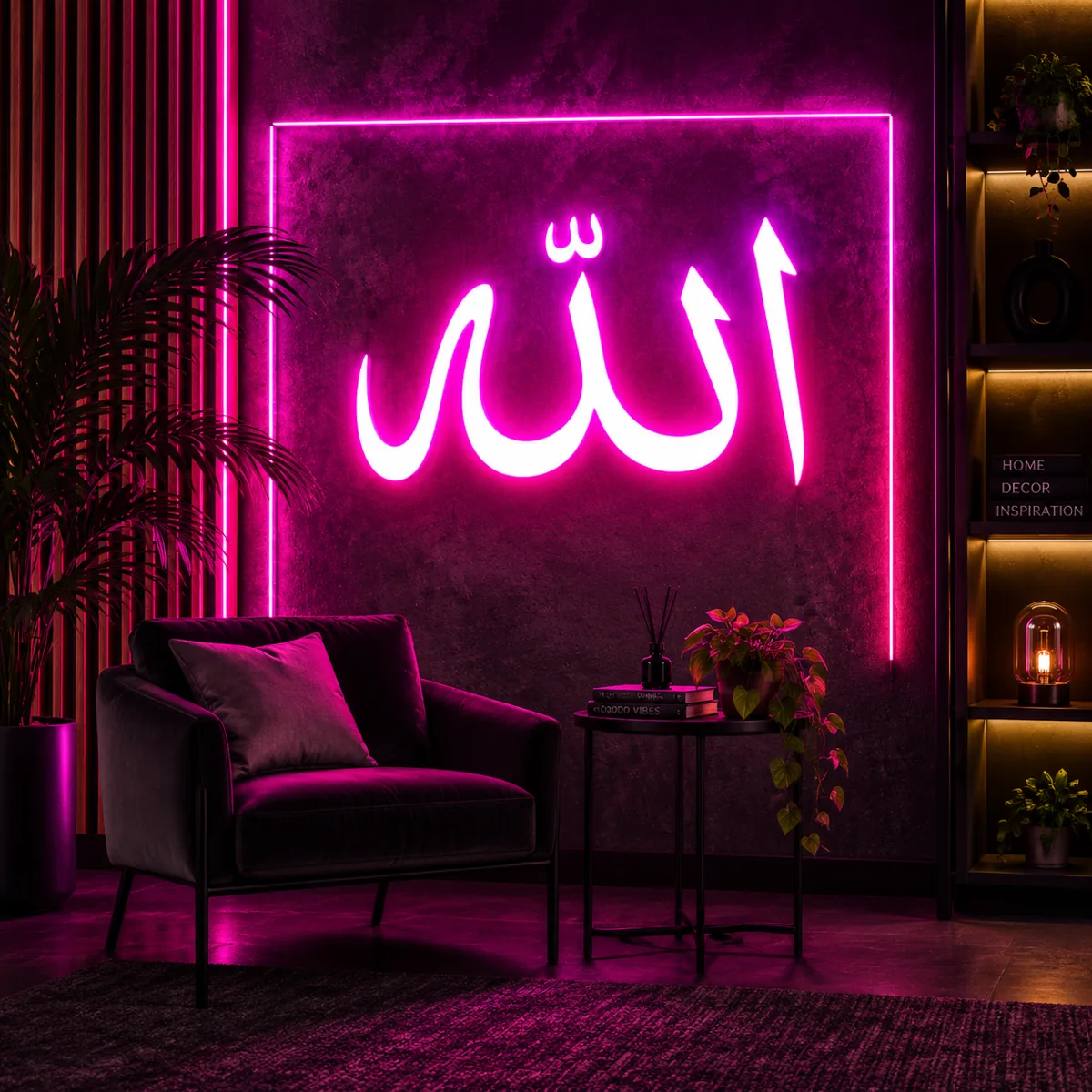 Allah neon sign glowing pink in a framed wall panel