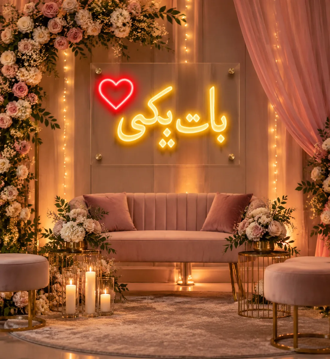 Baat Pakki Urdu neon sign for engagement decor