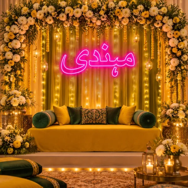Mehndi Urdu neon sign in pink at a Mehndi stage