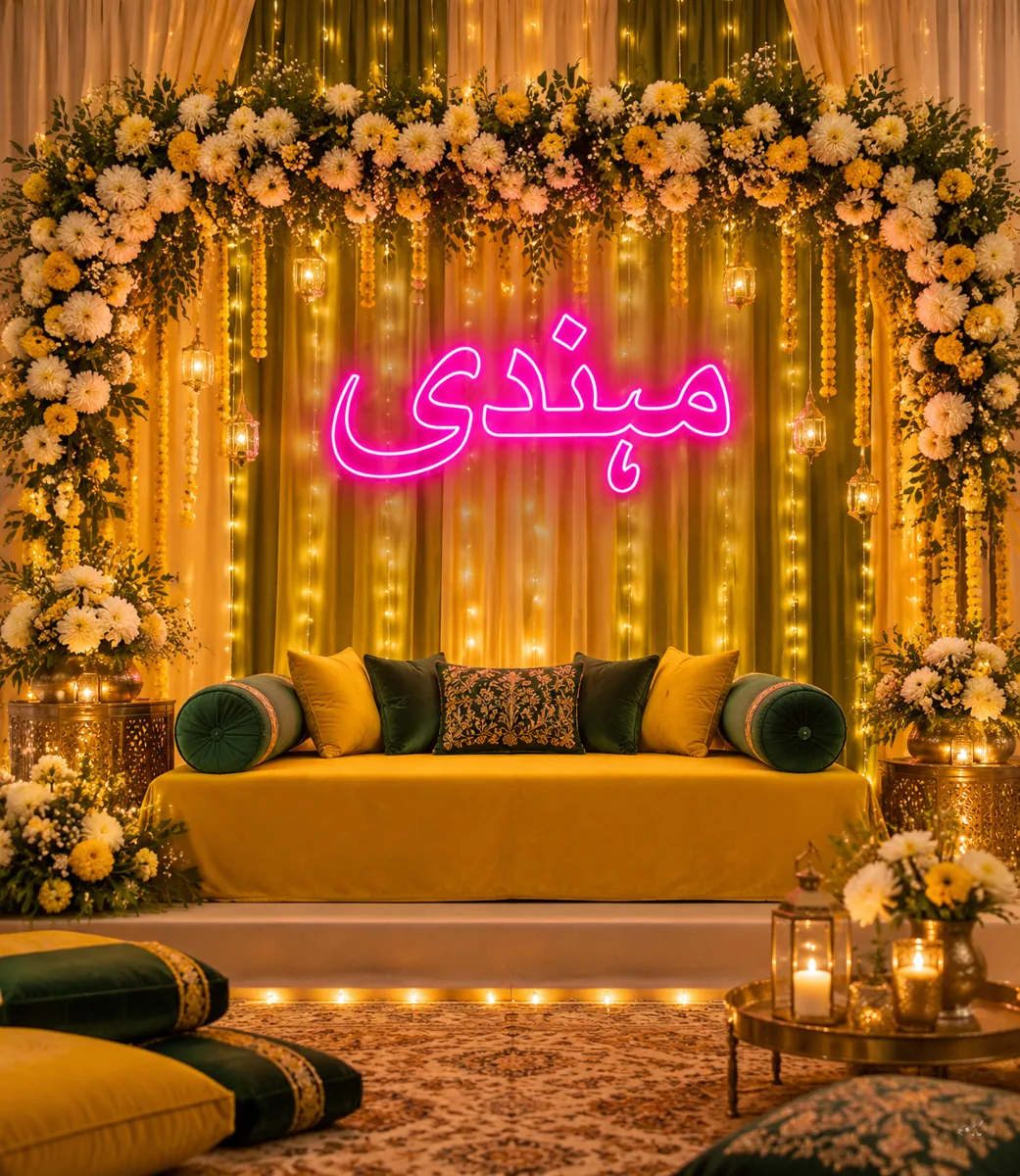 Mehndi Urdu neon sign in pink at a Mehndi stage