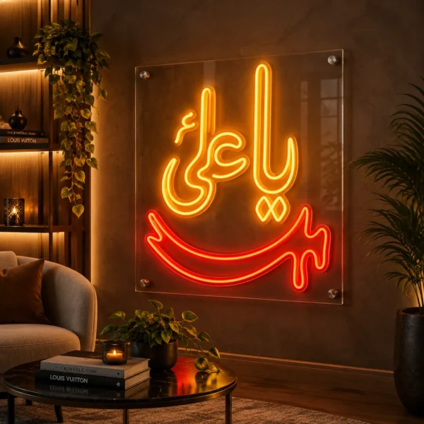 Ya Ali neon sign with sword in orange and yellow